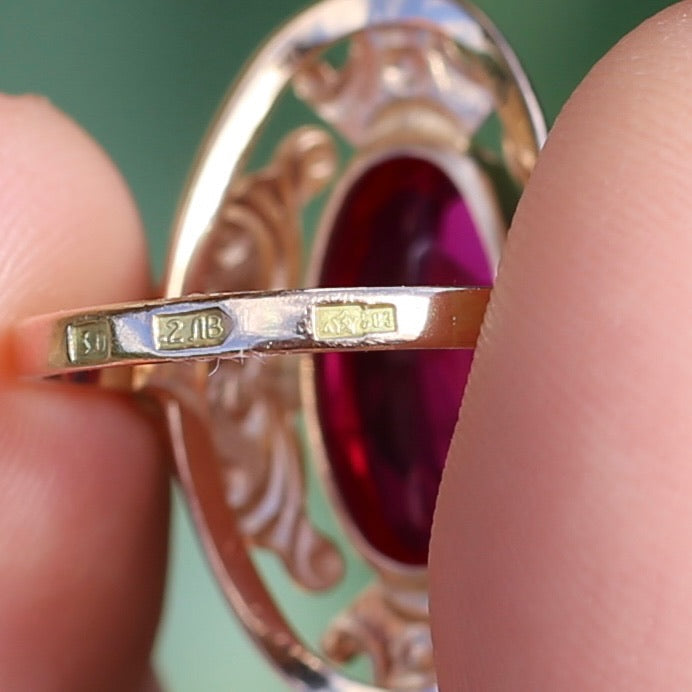 Mid Century Russian Oval Synthetic Ruby in Rosey Gold Floral Setting, 14ct Old Rosey Gold, size N1/2 or 7