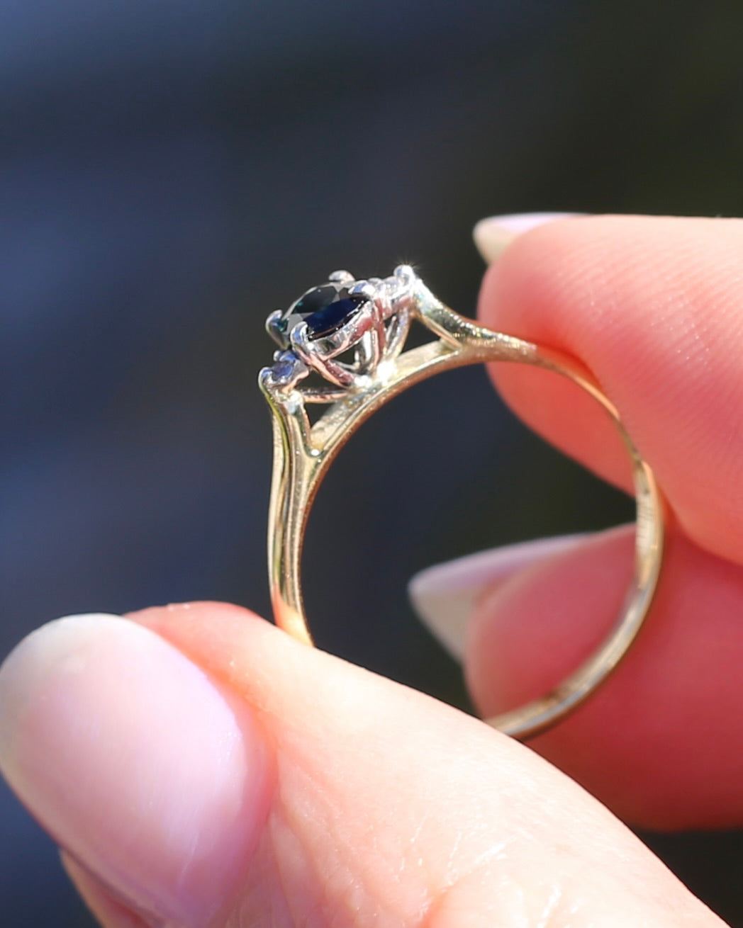 Dark Australian Sapphire and Diamond Dainty Trilogy, 9ct Yellow and White Gold, M1/2 or 6.5, 1.75g