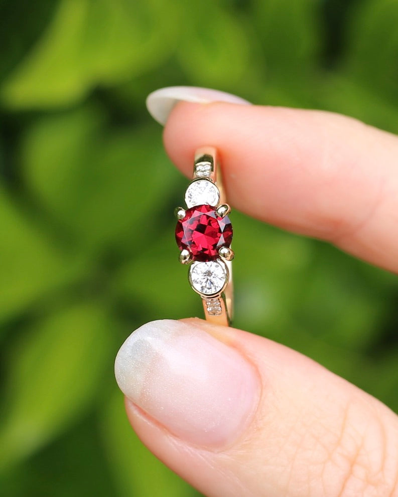 East African Rhodolite Garnet and Diamond Dais Trilogy, 9ct Yellow Gold, size S or 9.25