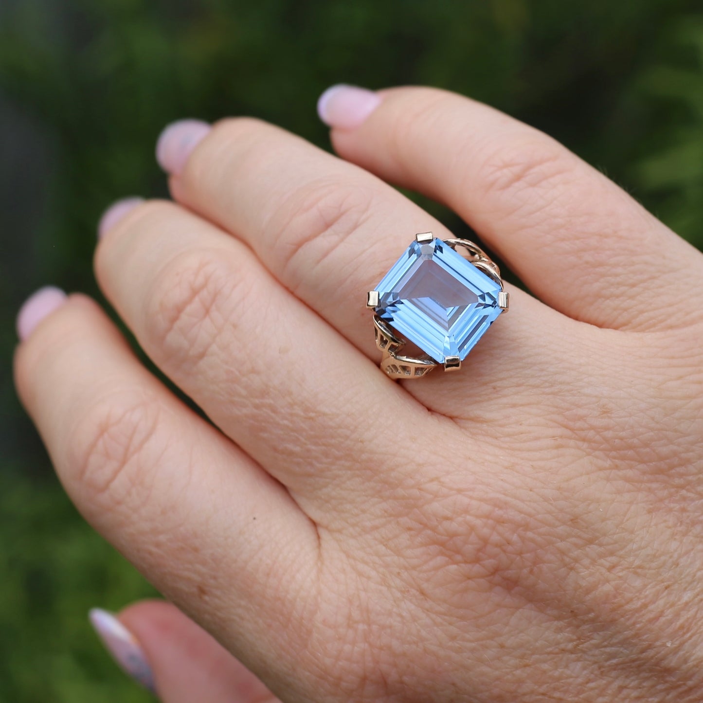 Mid Century Emerald Cut Blue Spinel Cocktail Ring, size N1/2 or 6.75