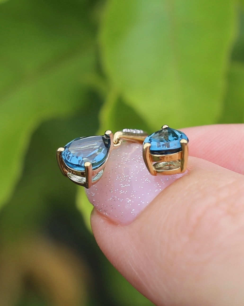 Pear Cut London Blue Topaz Earrings on Illusion Diamond Set Stud Posts, 9ct Yellow Gold, 14ct YG butterflies, 1.87g