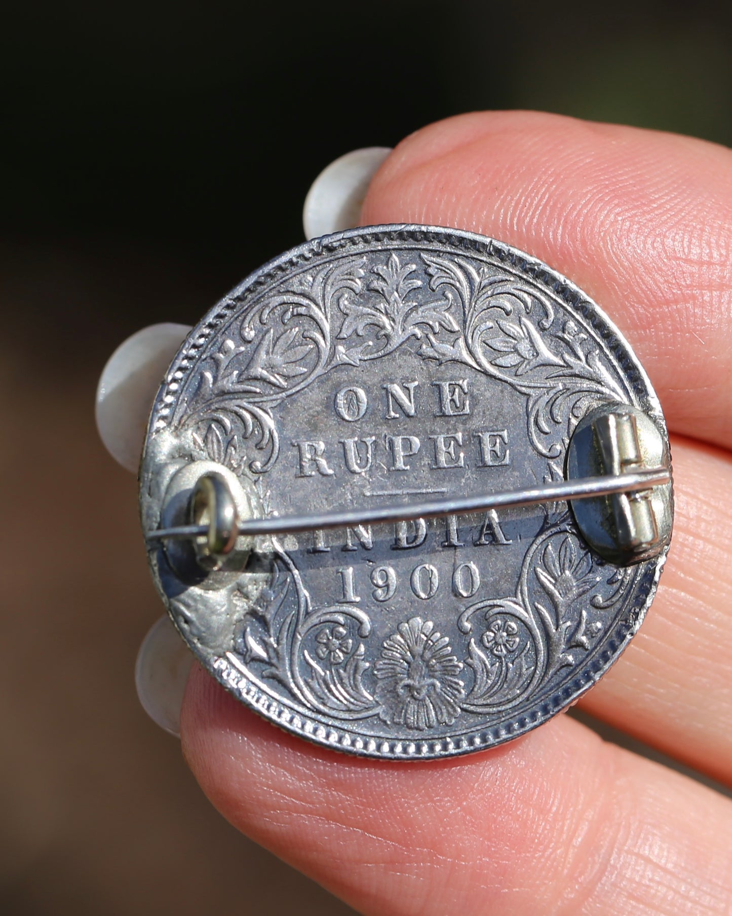 Antique Love Token Oscella Brooch 1900 British India One Rupee, 10.9g