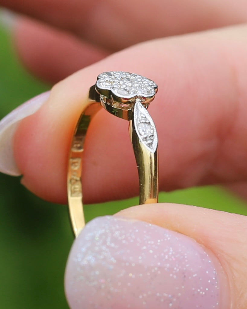 Circa 1930s Single Cut Daisy Cluster, 18ct Yellow Gold and Platinum, size M1/2 or 6.5, 2.2g