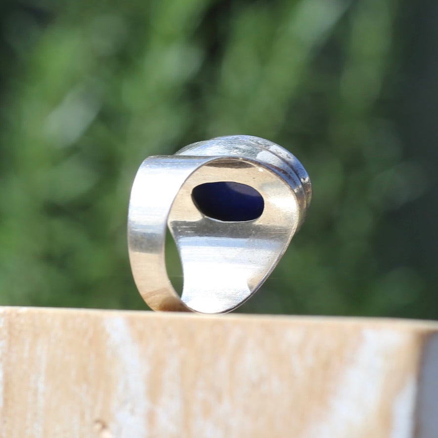 Large Lapis Cabochon in Silver Bezel Setting, size P1/2 or just under 8