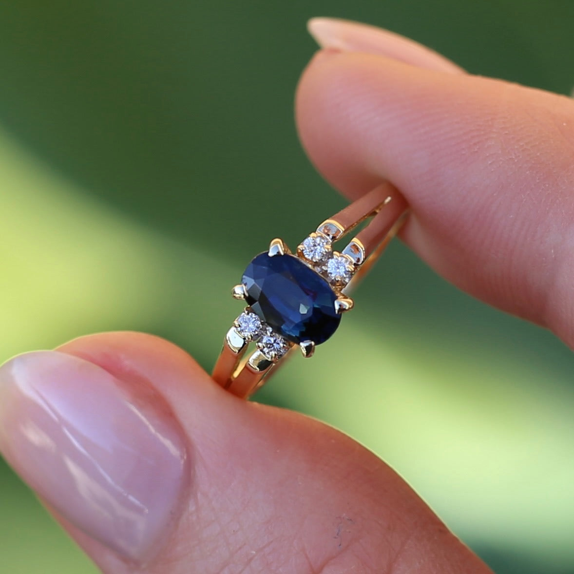 Oval Natural Blue Sapphire with Diamonds, Art Deco Feel Ring, 14ct Yellow Gold, size N or 6.75