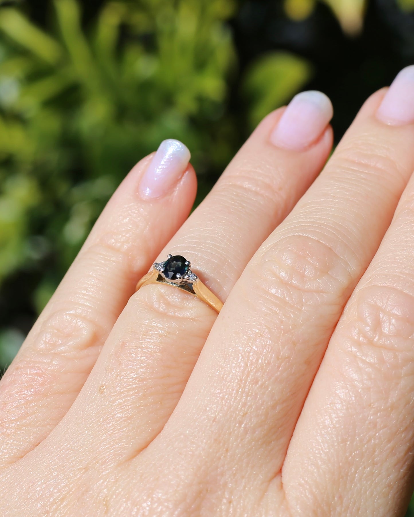 Dark Australian Sapphire and Diamond Dainty Trilogy, 9ct Yellow and White Gold, M1/2 or 6.5, 1.75g