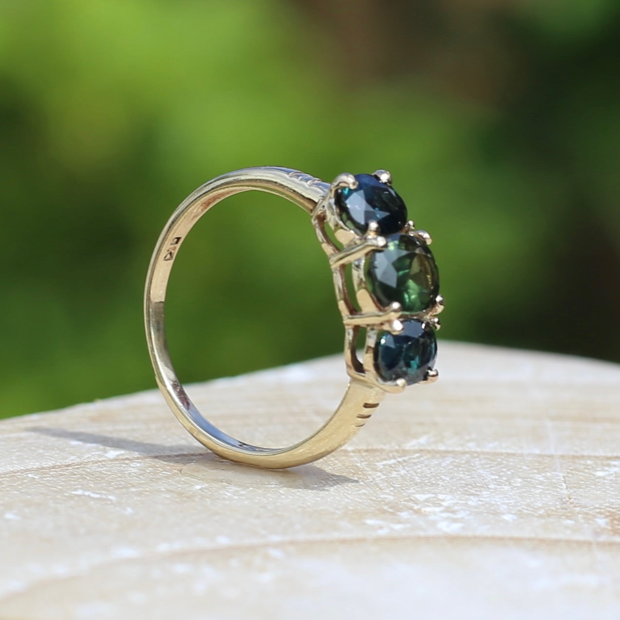 Australian Green and Blue Sapphire Trilogy, 9ct Yellow Gold, size N or 6.75