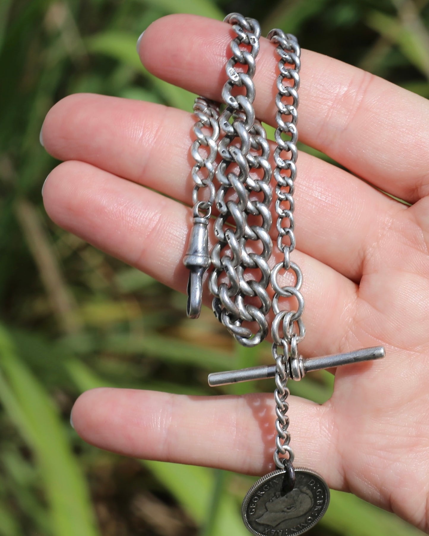 1907 Single Graduated Chester Made Curb Watch Chain with T-bar and 1945 Threepence and Single Albert Clasp, 30cm or 11.75 inches, 30.54g