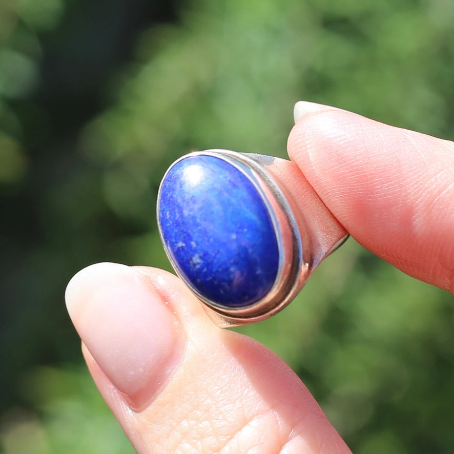 Large Lapis Cabochon in Silver Bezel Setting, size P1/2 or just under 8