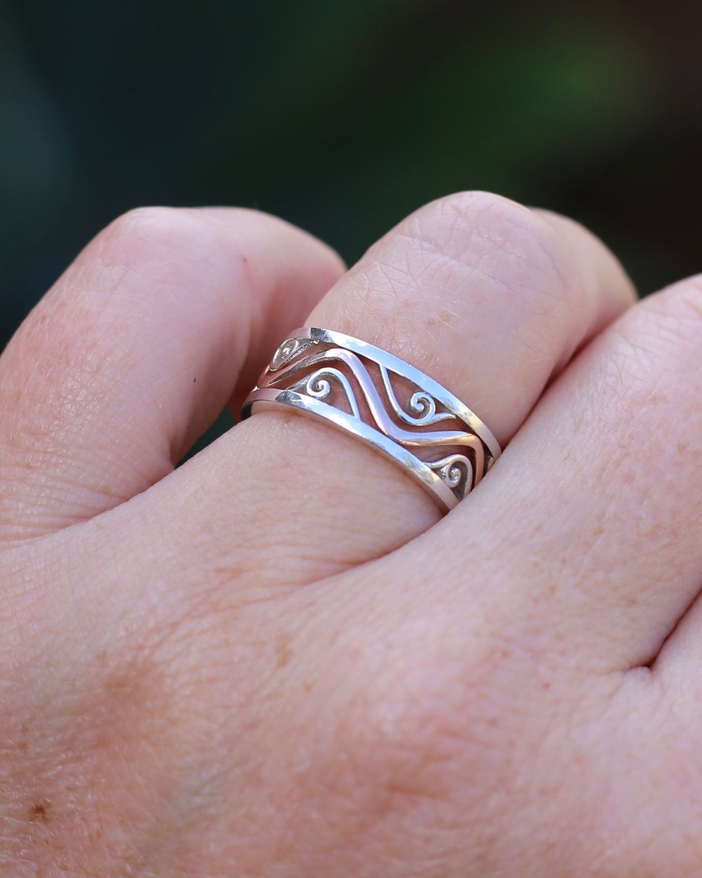 Silver and Rose Gold Filigree Swirl Band, Sterling Silver and 9ct Rose Gold, size P or 7.5 (fits more like an O)