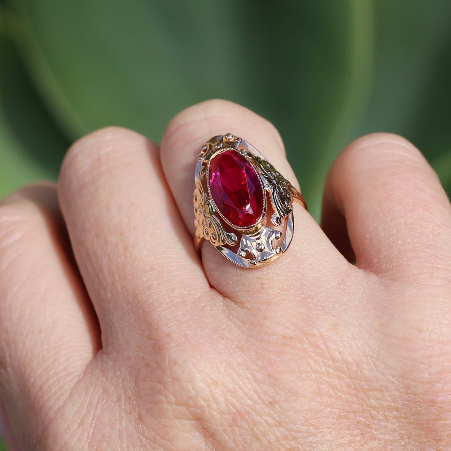 Mid Century Russian Oval Synthetic Ruby in Rosey Gold Floral Setting, 14ct Old Rosey Gold, size N1/2 or 7