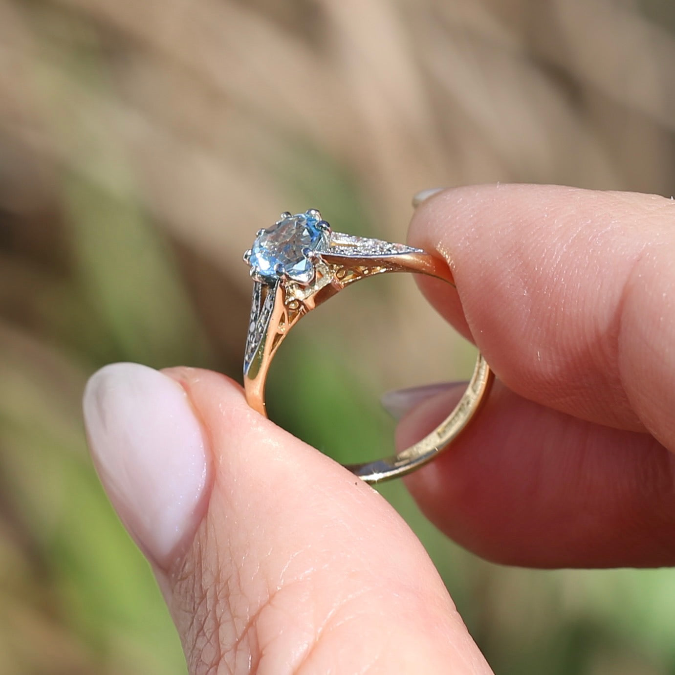 Pristine Early Australian 1930s Dunklings Blue Zircon & Diamond RIng, size L or just over 5.5