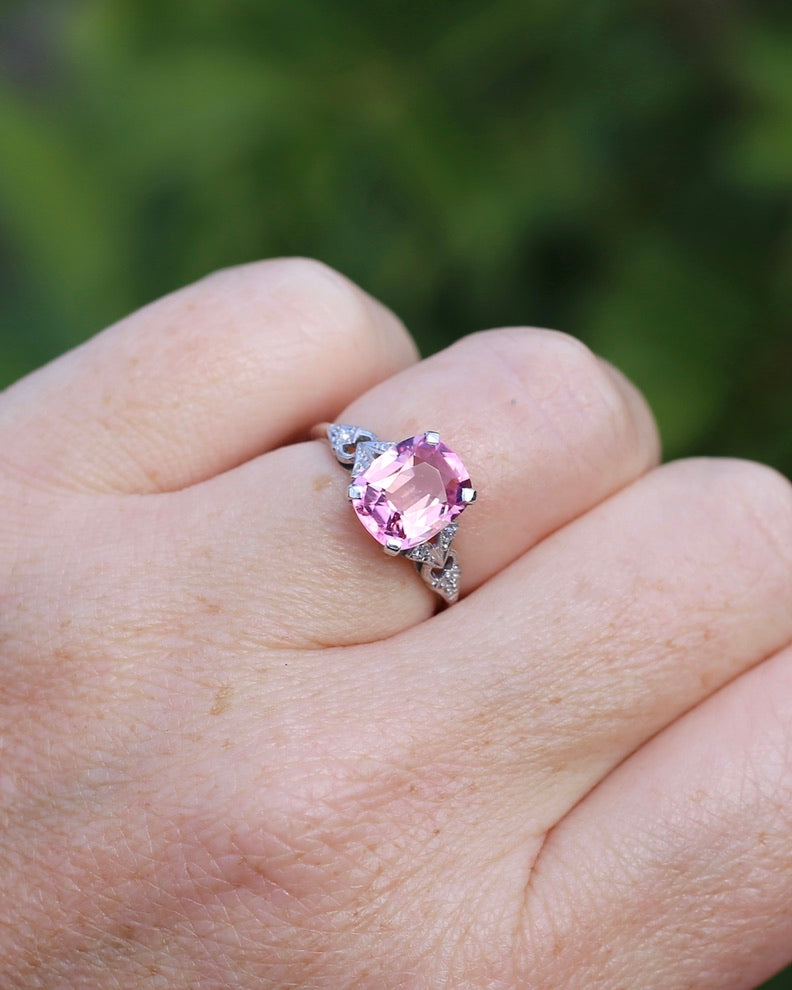 Pale Pink Tourmaline and Old Cut Diamond Shoulder Ring, 18ct White Gold and Platinum, size N or 6.75, 2.63g