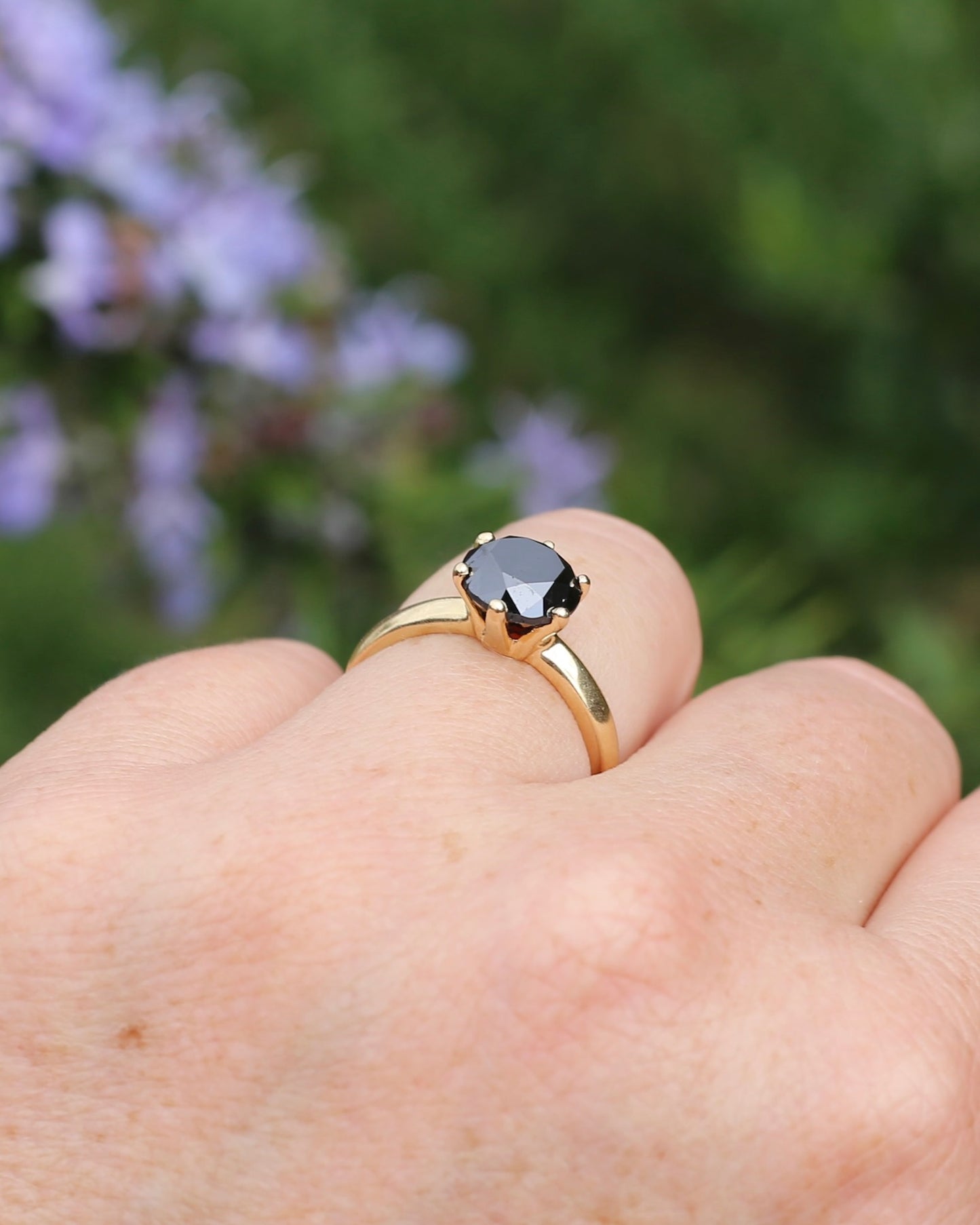 Black Moissanite Solitaire, 6 claw set 14ct Yellow Gold, size N1/2 or nearly 7, 3.63g