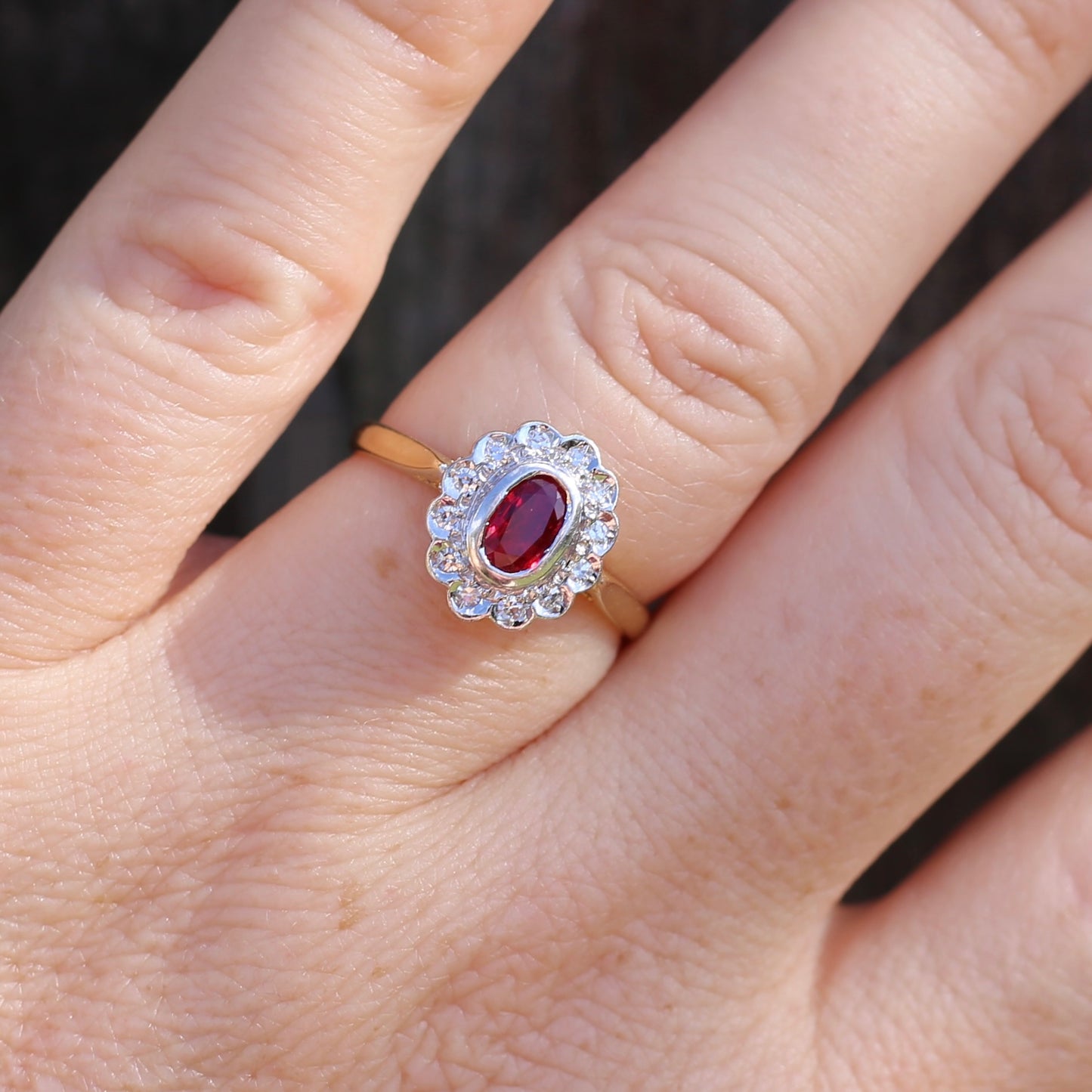 Ruby and Diamond Halo, 18ct Yellow and White Gold, size P or 7.75 with valuation