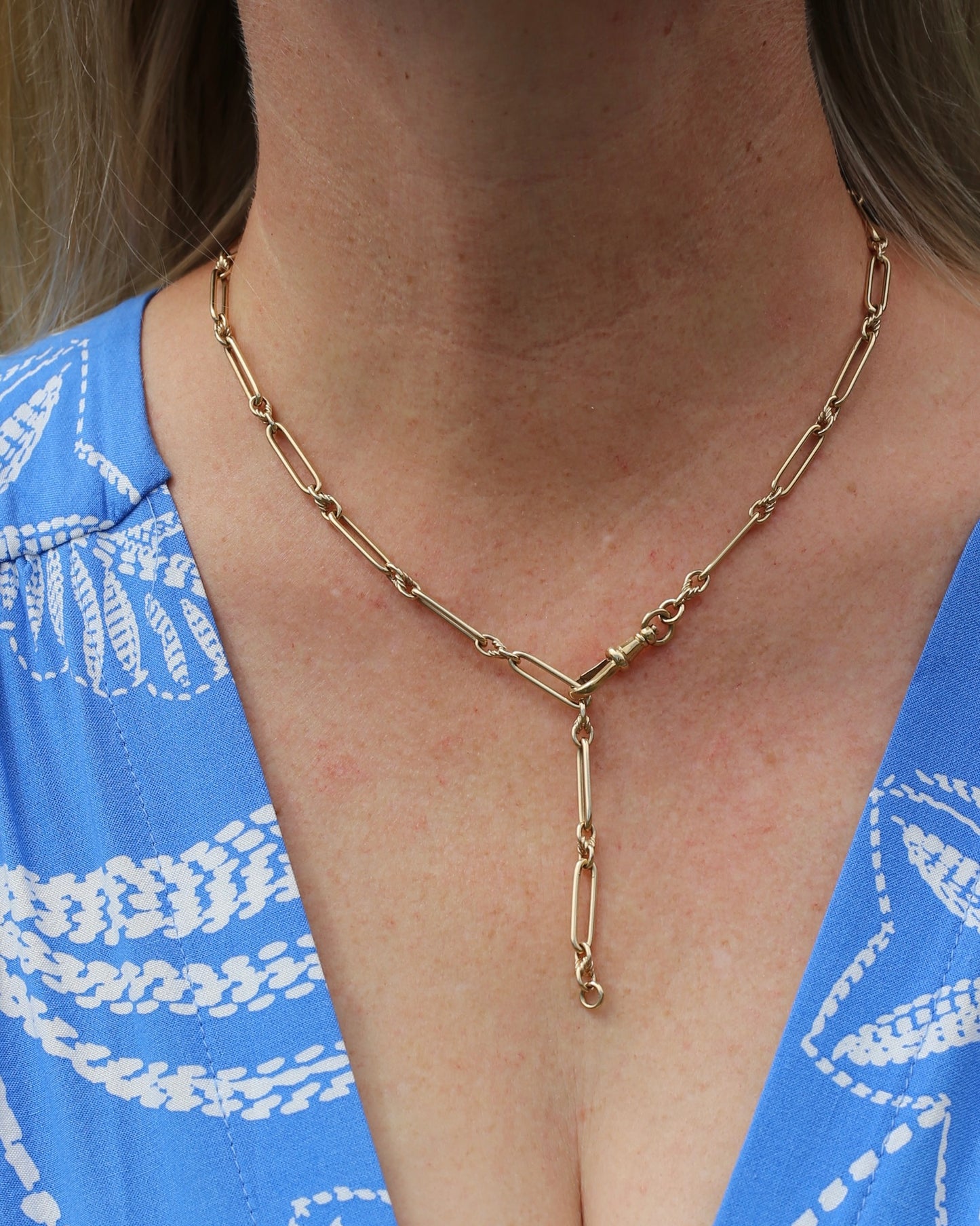 Vintique Trombone and Love Link Chain Single Albert Clasp, 9ct Gold, 51cm or 20 inches, 22.5g