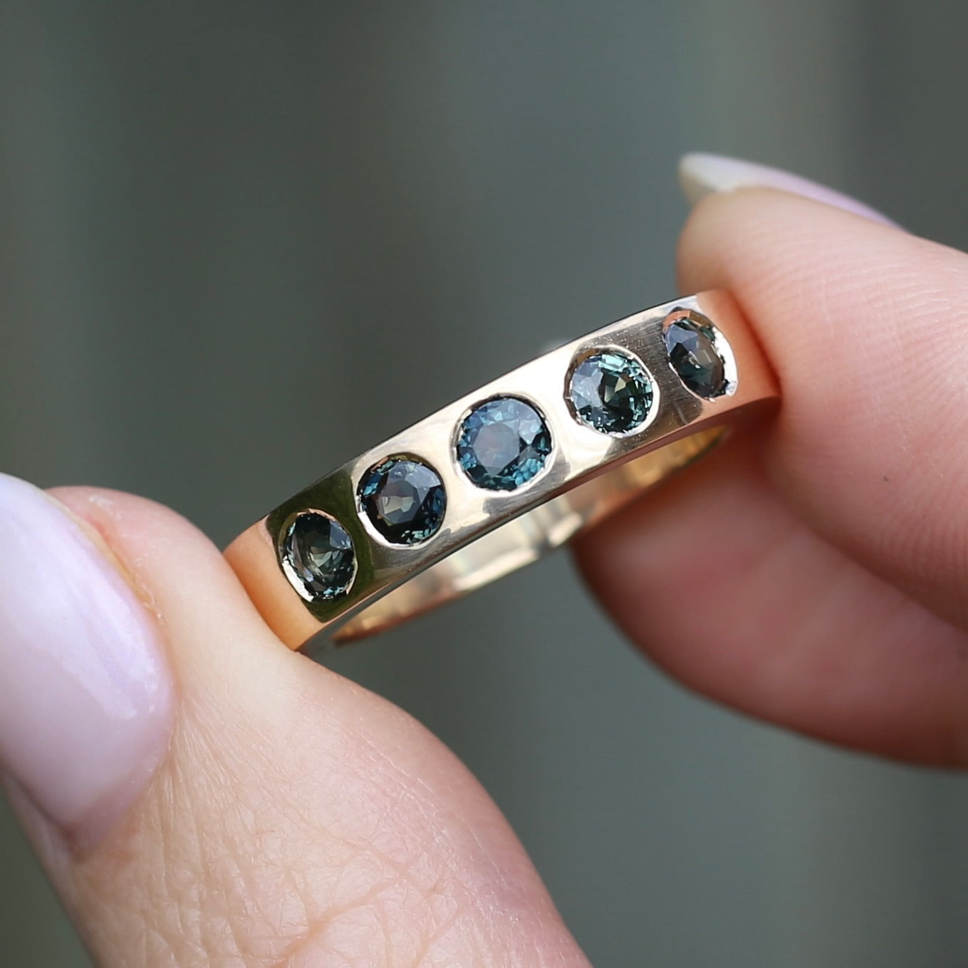 Custom Reclaimed Gold Chunky 9ct Rings with 4mm Parti Sapphires