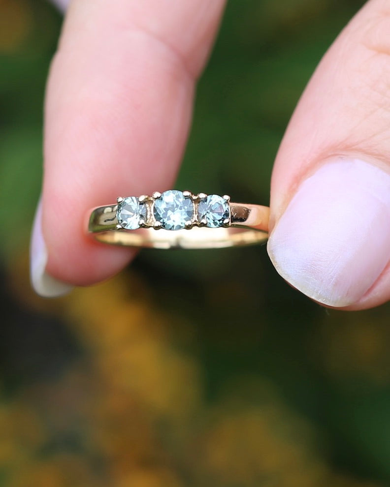 Natural Turquoise-Meets-Sage-Green Parti Trilogy, Claw Set 9ct Yellow Gold, size O1/2 or just over 7.25, 2.16g