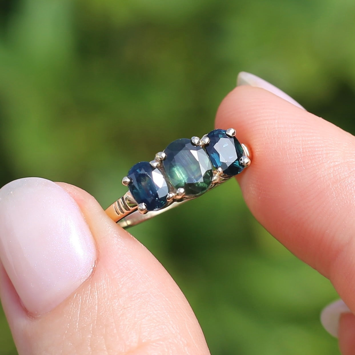 Australian Green and Blue Sapphire Trilogy, 9ct Yellow Gold, size N or 6.75