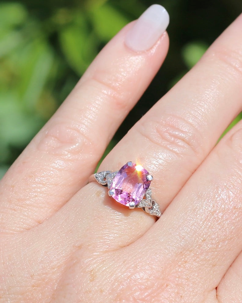 Pale Pink Tourmaline and Old Cut Diamond Shoulder Ring, 18ct White Gold and Platinum, size N or 6.75, 2.63g