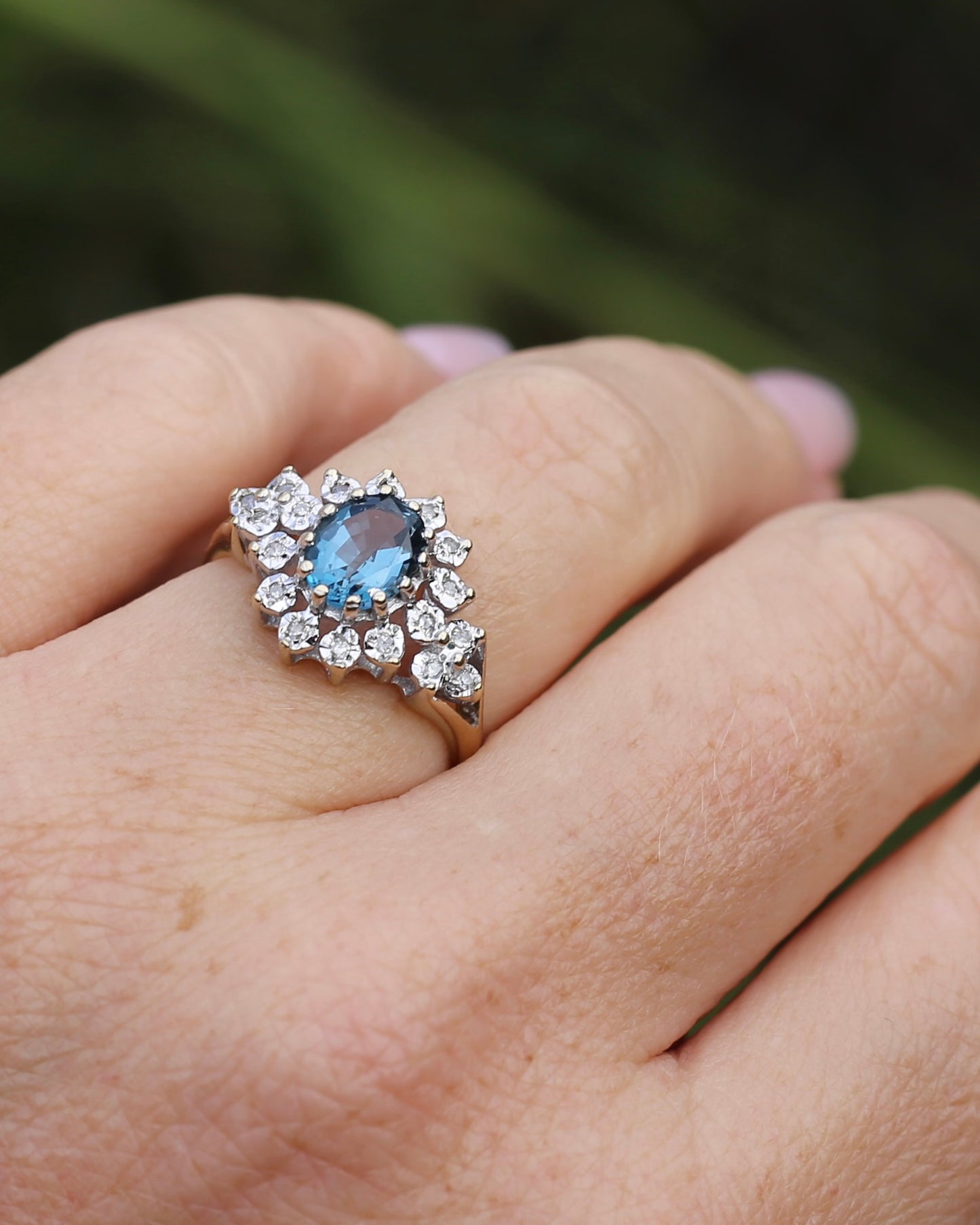 1989 Blue Zircon and Diamond Halo Ring, 9ct Yellow and White Gold, size N1/2 or 7, 3.18g