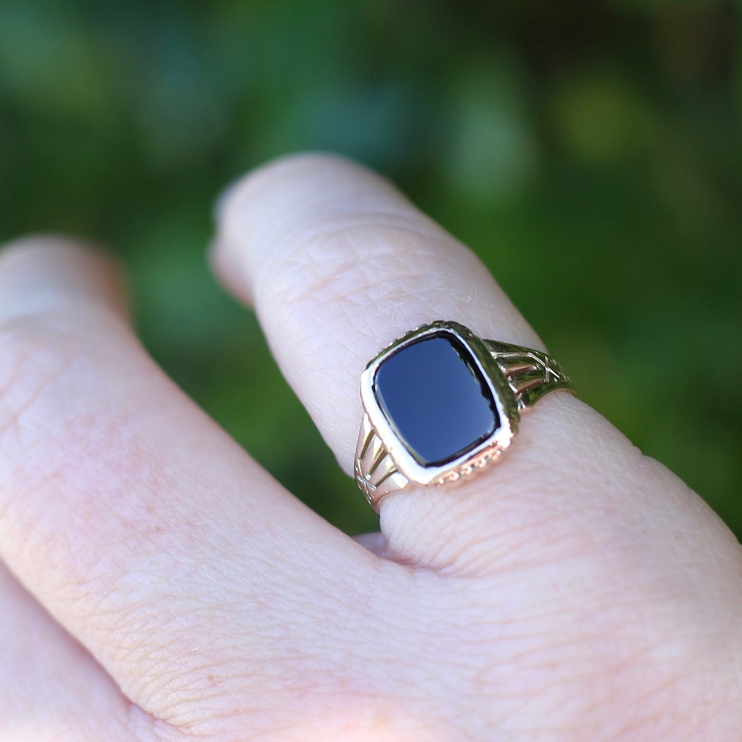 Vintique Onyx Signet Ring with Engraved Shoulders, 9ct Rosey Gold, size K1/2 or 5.5