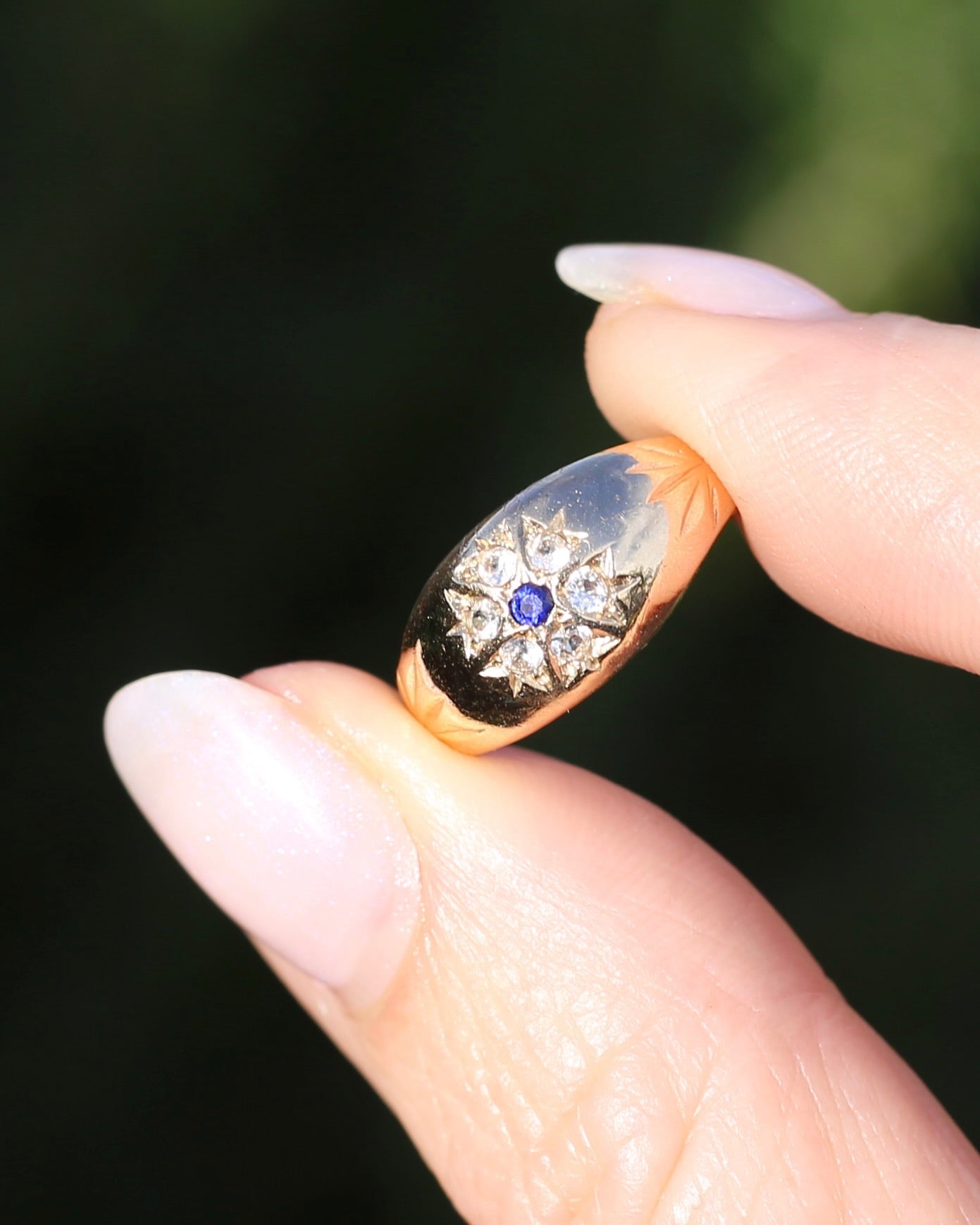 Vintage 1994 Birmingham Made Sapphire and White Stone Floral Cluster in Domed Ring, 9ct Yellow Gold, size J1/2 or 5