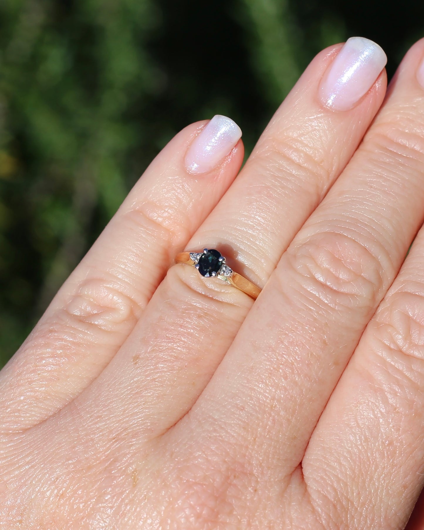 Dark Australian Sapphire and Diamond Dainty Trilogy, 9ct Yellow and White Gold, M1/2 or 6.5, 1.75g