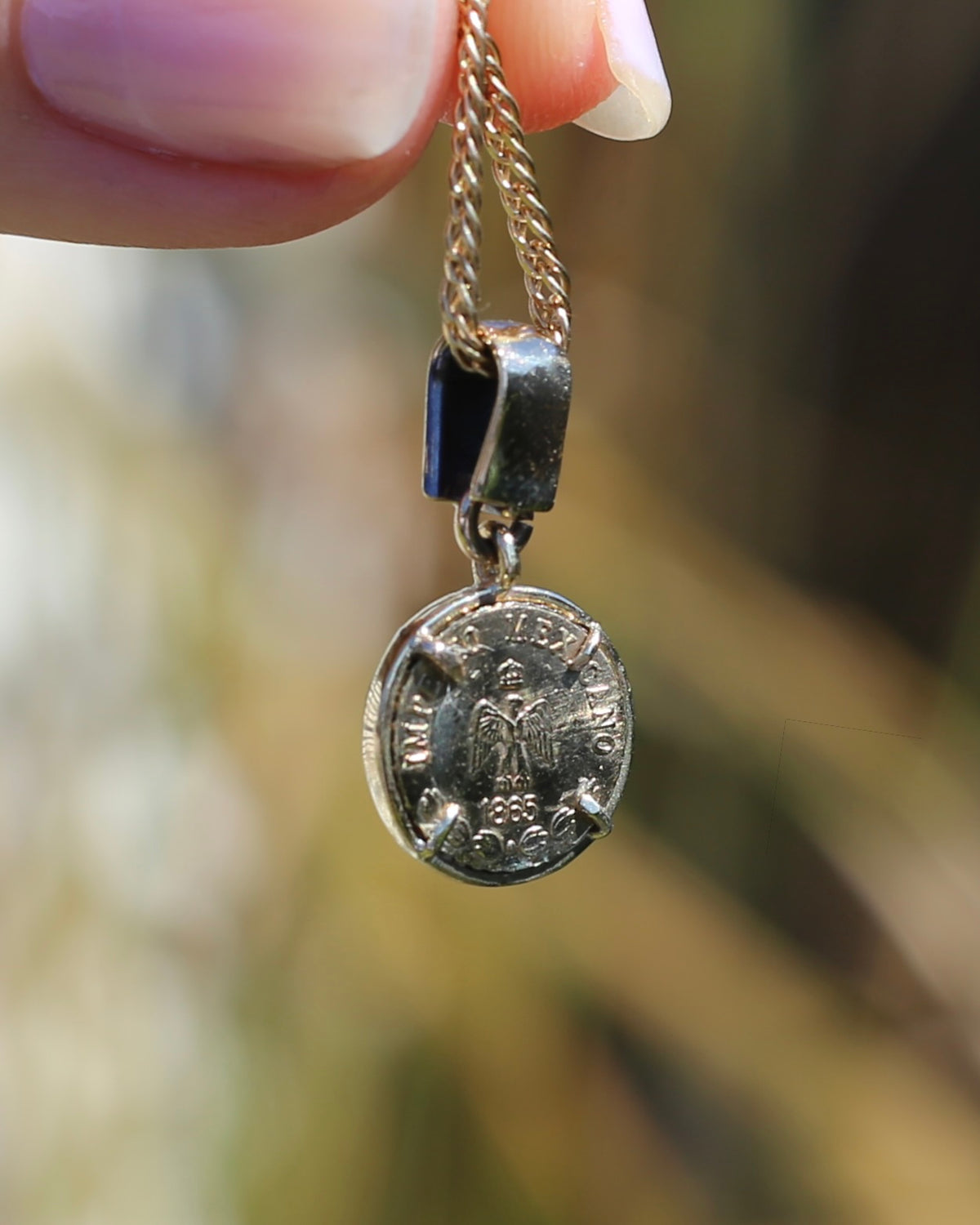 1865 Mexican Coin Replica in Coin Frame Pendant, 9ct Yellow Gold and silver support bars, 1.69g