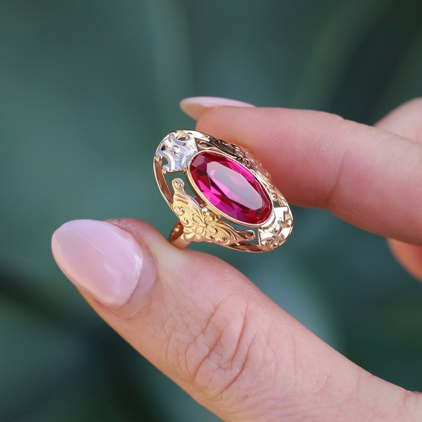 Mid Century Russian Oval Synthetic Ruby in Rosey Gold Floral Setting, 14ct Old Rosey Gold, size N1/2 or 7