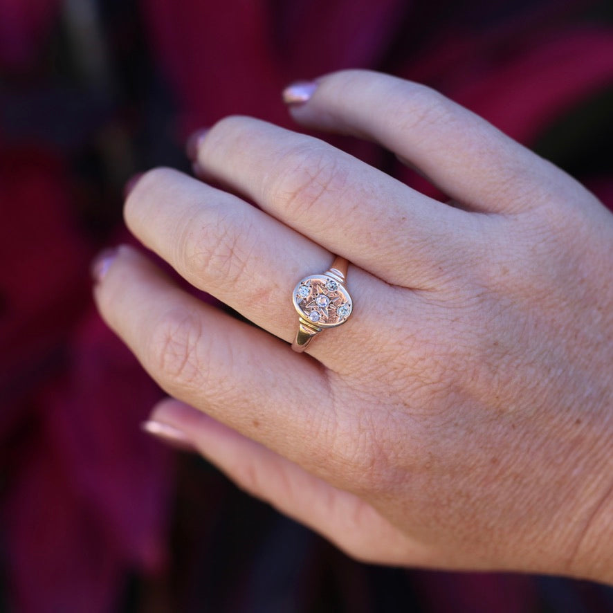 Early Australian Joseph Lawrence Signet Ring, Star Set with 5 Old Cut Diamonds, size T or 9.5