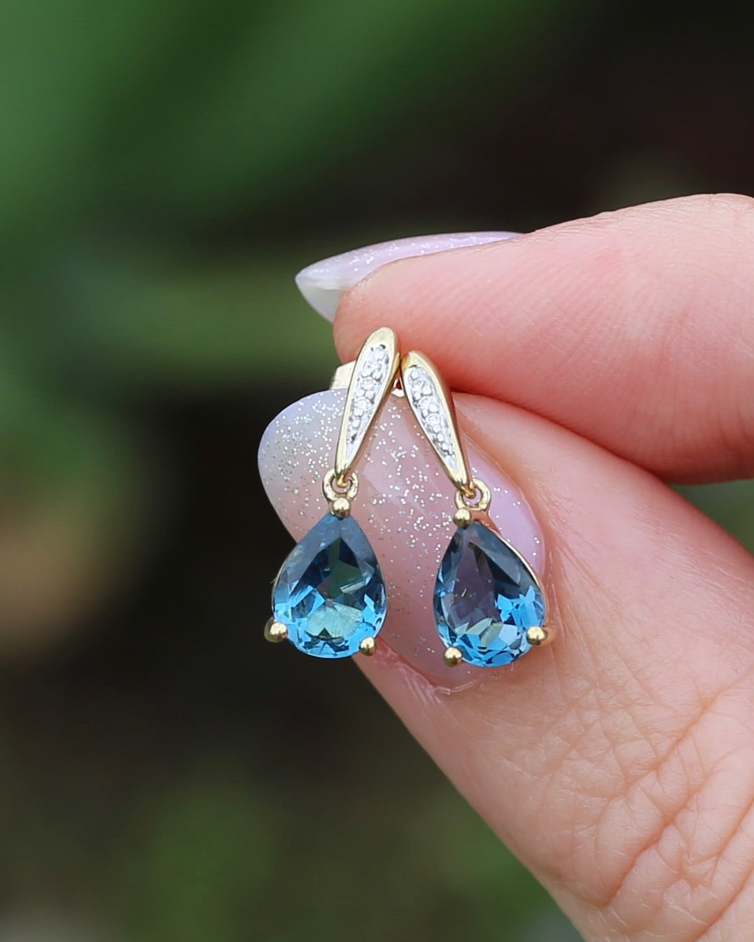 Pear Cut London Blue Topaz Earrings on Illusion Diamond Set Stud Posts, 9ct Yellow Gold, 14ct YG butterflies, 1.87g