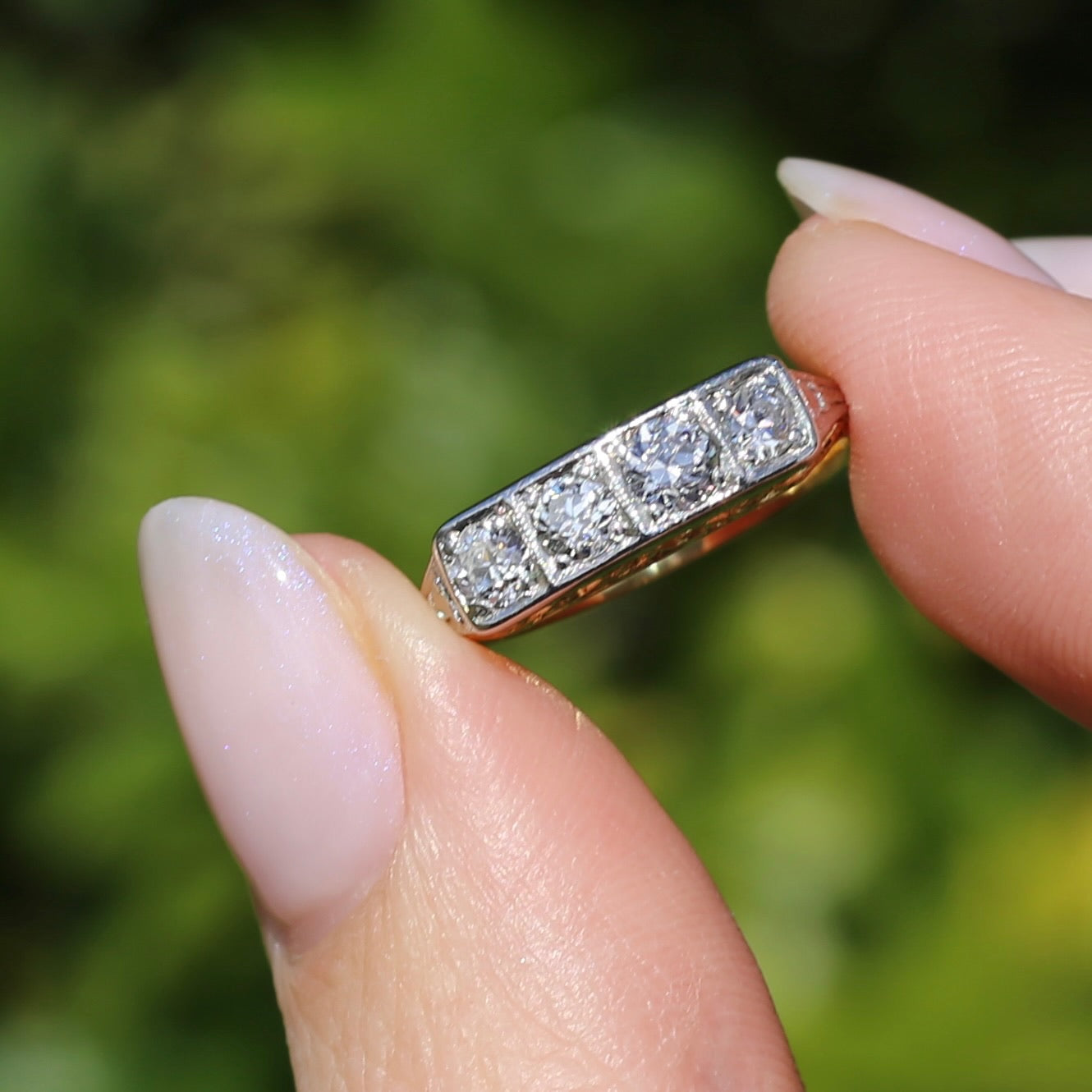 1930s 4 Stone Transitional Cut Diamond Mixed Metal Ring, 18ct Yellow Gold & Platinum, size M or just bigger than 6