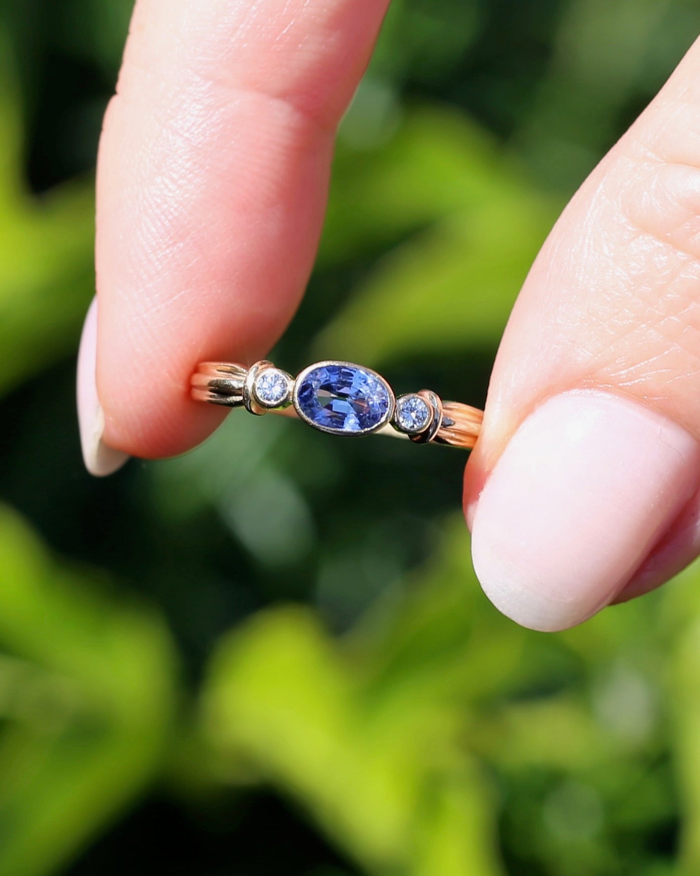 Vintage Bezel Set Cornflower Blue Sapphire and Diamond Ring, 9ct Yellow Gold, size O or 7.25