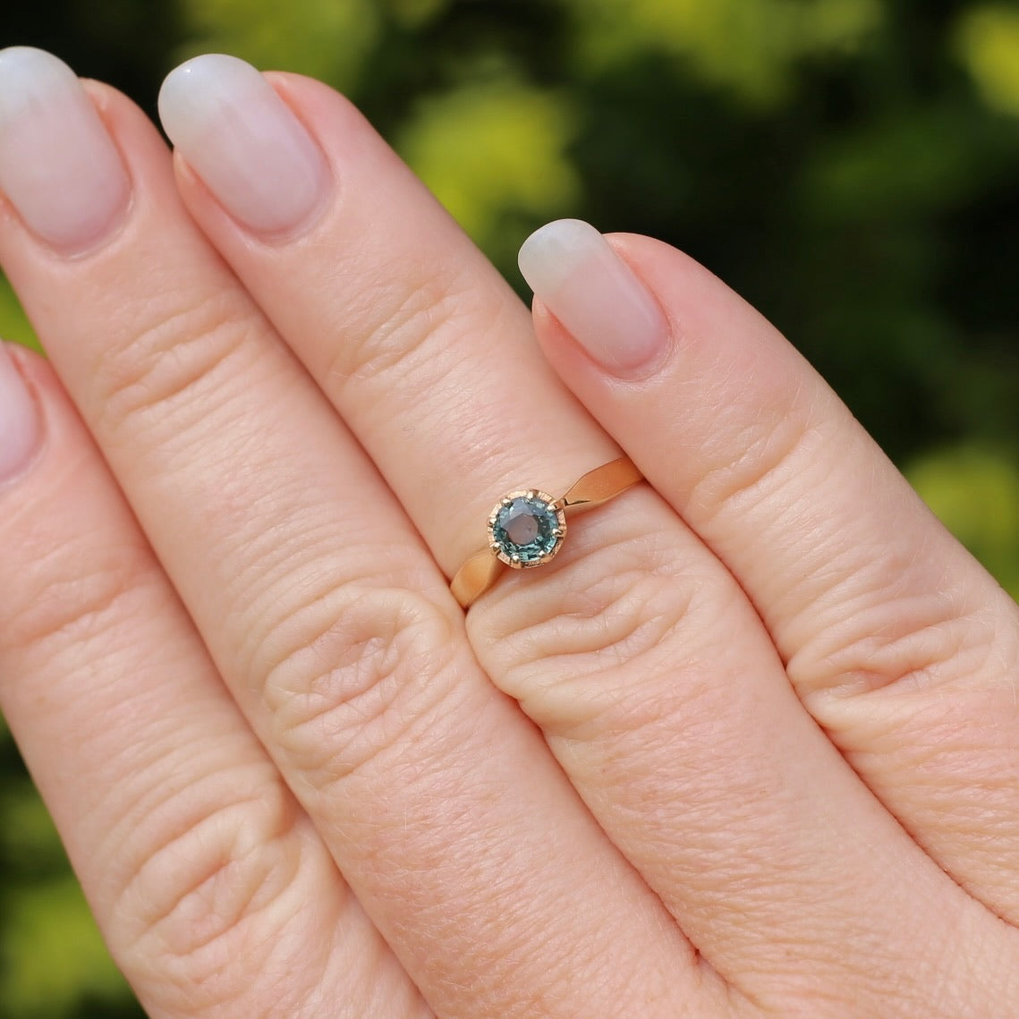 Seafoam Sapphire Solitaire in 8 Claw Setting, 9ct Yellow Gold, size L or just under 5.5