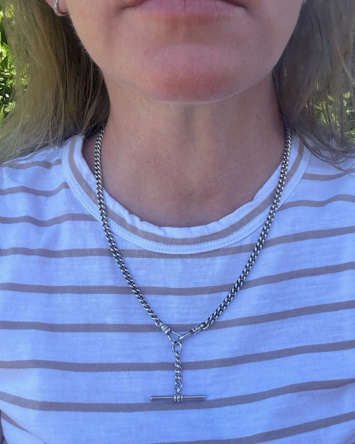 Vintage Silver Albert Chain, Likely American Made, Double Albert Clasp and Removable T-bar, Sterling Silver, 51.5cm