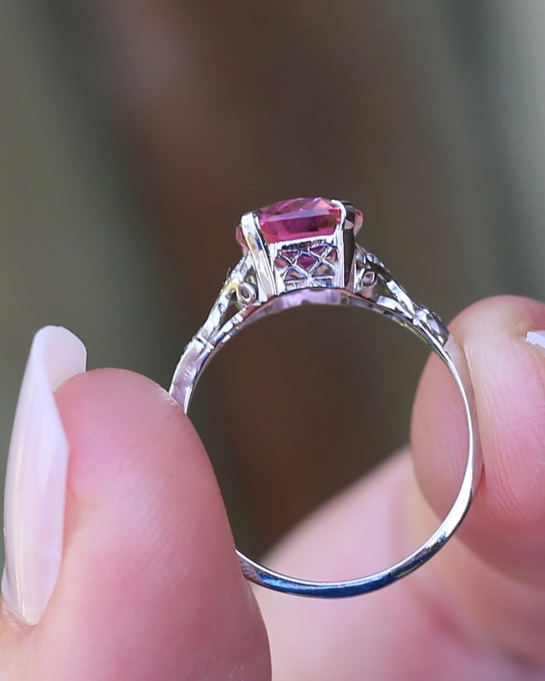 Pale Pink Tourmaline and Old Cut Diamond Shoulder Ring, 18ct White Gold and Platinum, size N or 6.75, 2.63g