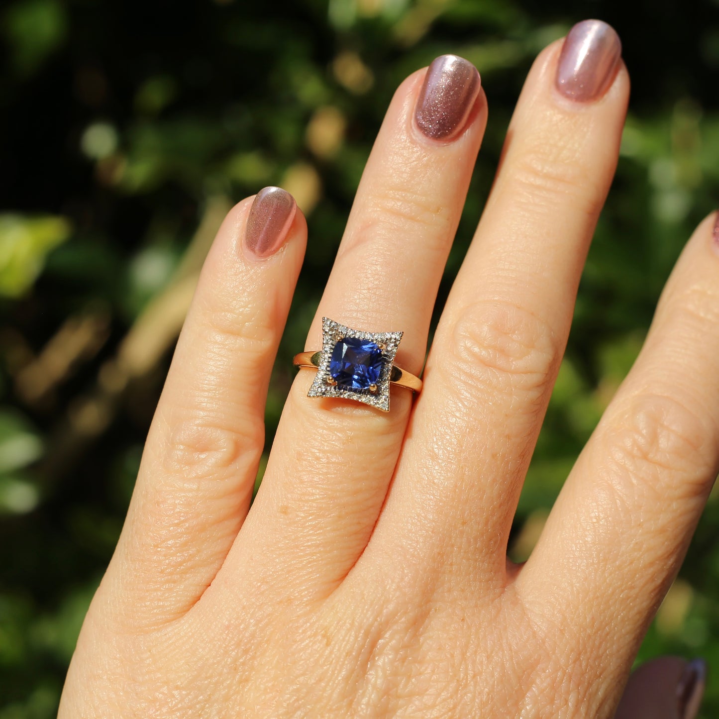 2ct Cushion Cut Synthetic Sapphire with Diamond Halo, 9ct yellow gold, size L or 5.75