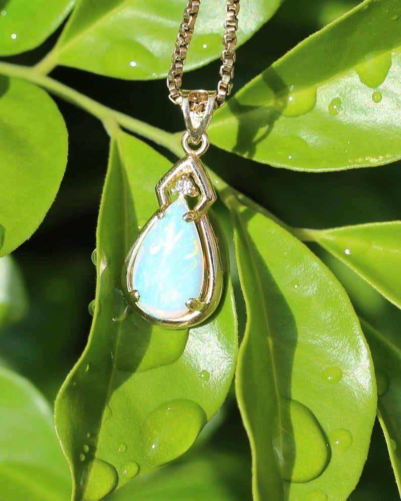 Pear Crystal Opal and Diamond Pendant, 10ct Yellow Gold, 1.5g