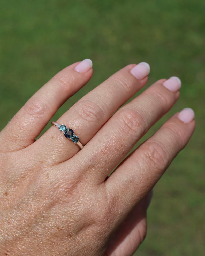 0.85ct Natural Parti Sapphire Trilogy Ring, Sterling Silver, size Q or 8.25, 1.98g