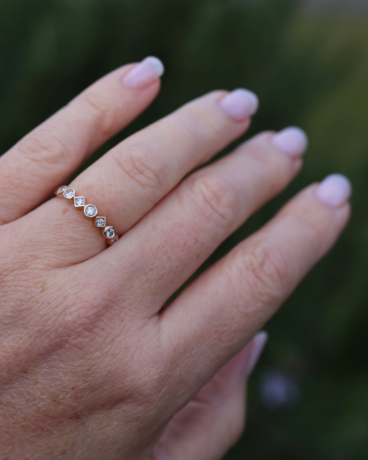 0.25ct 7 Stone Natural Diamond Bezel Set Round and Geometric Rose Gold Stacker, 10ct Rose Gold, size O or 7.25