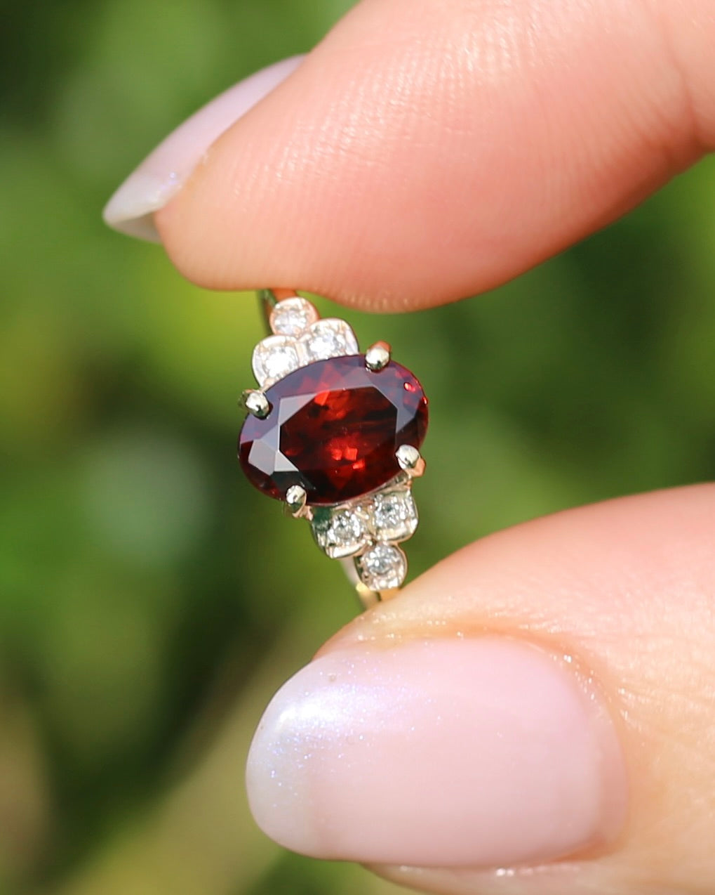 2.45ct Deep Red Whisky Zircon and Diamond RIng, 9ct Yellow Gold, size L or 5.75, 2.33g