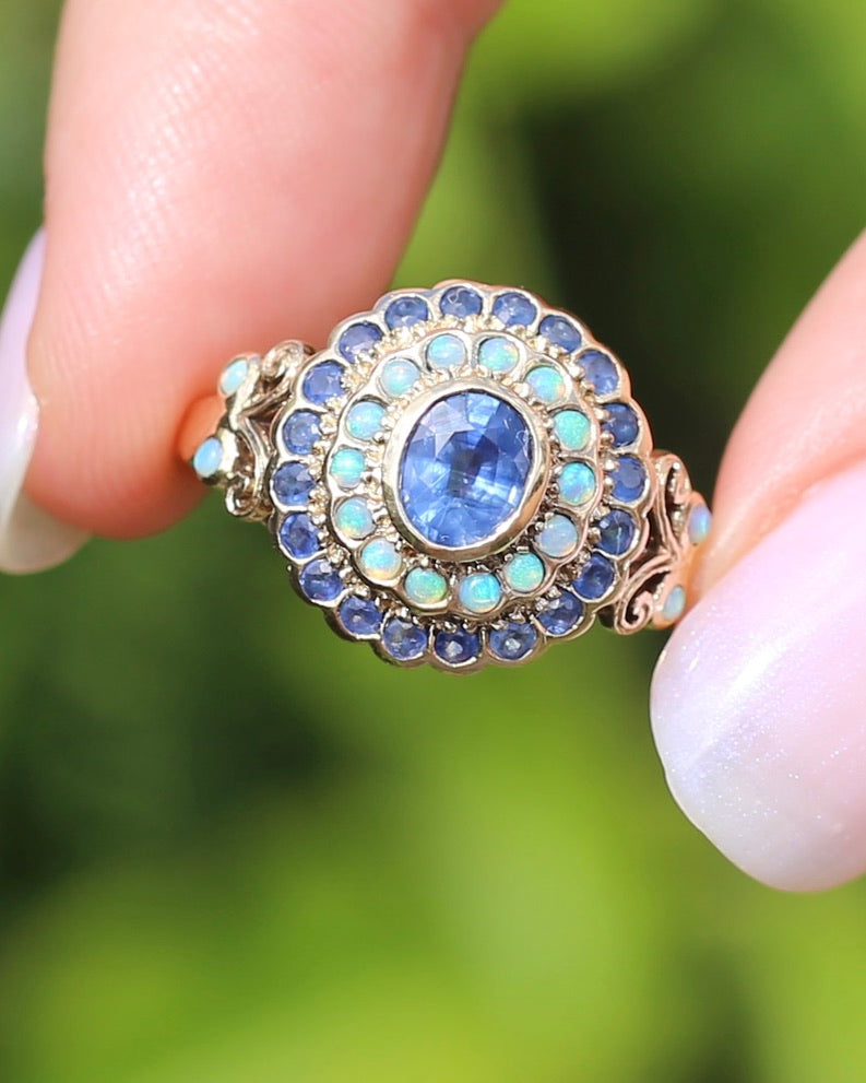 Natural Sapphire and Opal Cluster Ring, 9ct Yellow Gold, size P or 7.5, 4.04g