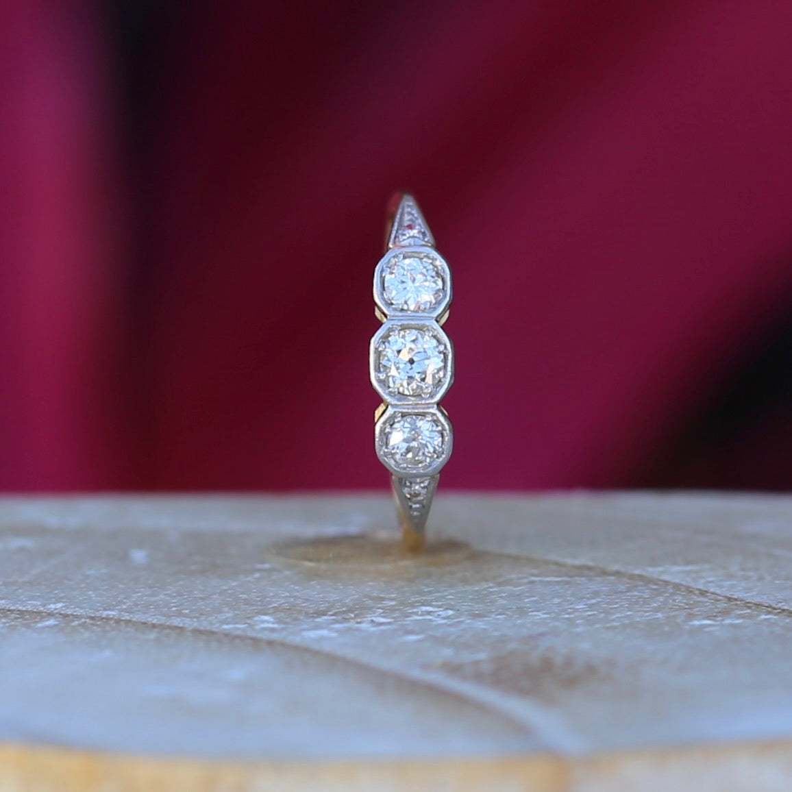 1930s Old and Transitional Cut Diamond Trilogy, 18ct Yellow and White Gold, size N or 6.75