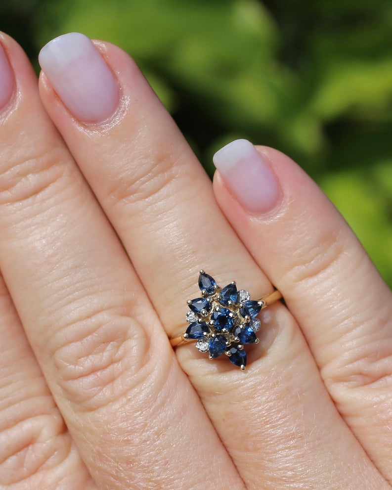 Vintage Blue Sapphire and Diamond Cluster Ring, 9ct Yellow Gold, size N or 6.75, 2.34g