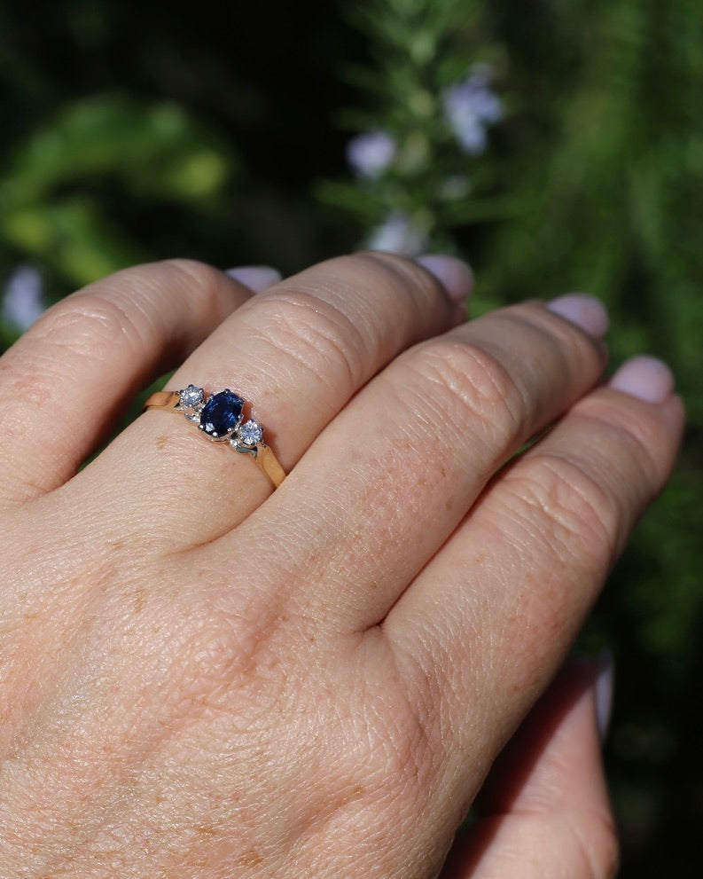 Sapphire and Diamond Trilogy, 9ct Yellow Gold and Palladium, size P or 7.75, 2.32g