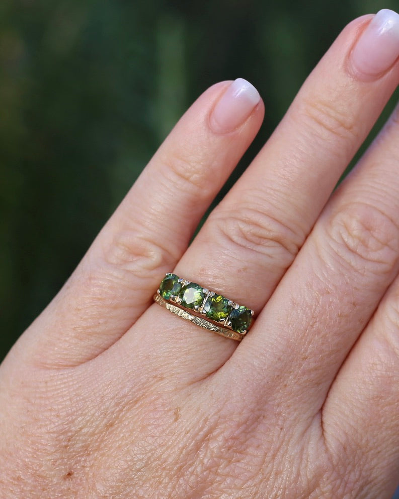 1.75ct Four Stone Natural Green Tourmaline Ring, 9ct Yellow Gold, size N1/2 or just over 6.75, 2.37g
