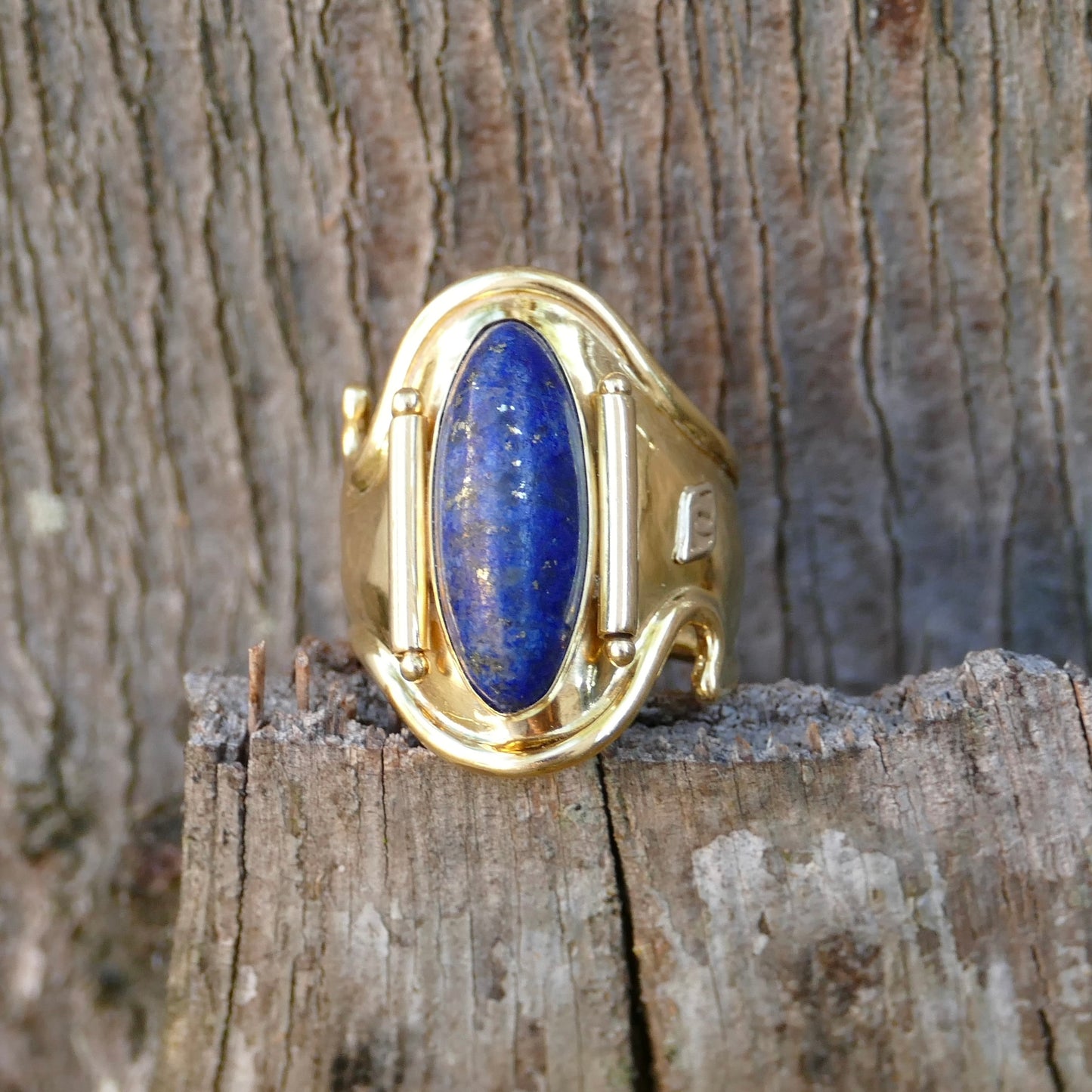 18ct Gold and Lapis Lazuli Cabochon Cuff Ring, size O but sizeable