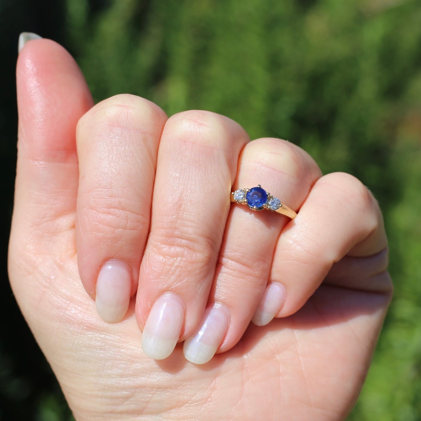 Bright Blue Natural Sapphire and Diamond Trilogy Ring, 18ct Yellow Gold, size K or 5.5