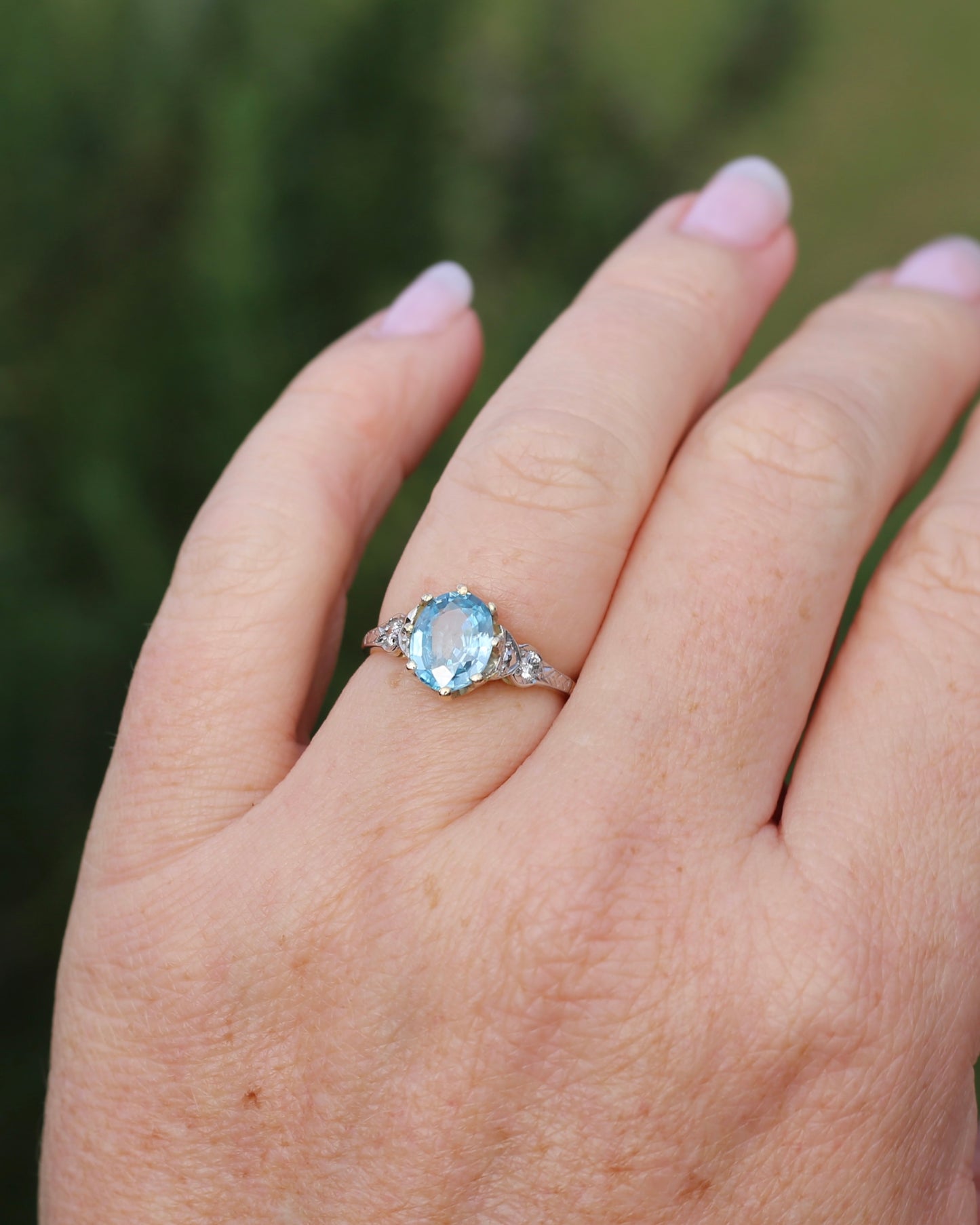 Circa 1930s Art Deco Blue Zircon and Diamond Ring, 18ct size just over M1/2 or 6.5, 2.80g